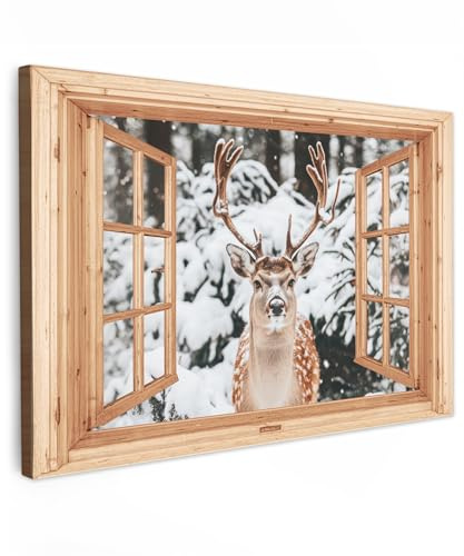 MuchoWow© Leinwand Bilder Groß XXL Wanddeko Wohnzimmer Aesthetic Room Decor | 120x80 cm - Deko Zimmer Wandbilder Modern Bild auf Fensterblick - Hirsch - Schnee - Winter - Wald - Tiere
