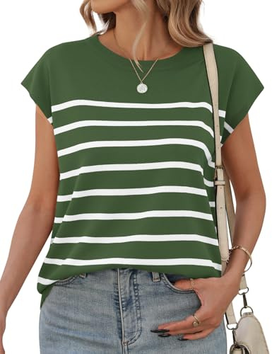 UMIPUBO Women's T-Shirt Cap Sleeves Striped Ladies Tops Summer Round Neck Casual Basic Tees Shirts (Green, L)