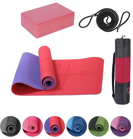 Habib Yogamatte Set mit Yogablöcken – Rutschfeste gepolsterte Fitnessmatte inkl. Tragetasche mit Schultergurt – 2er Set Blöcke für Pilates, Meditation & Erholung