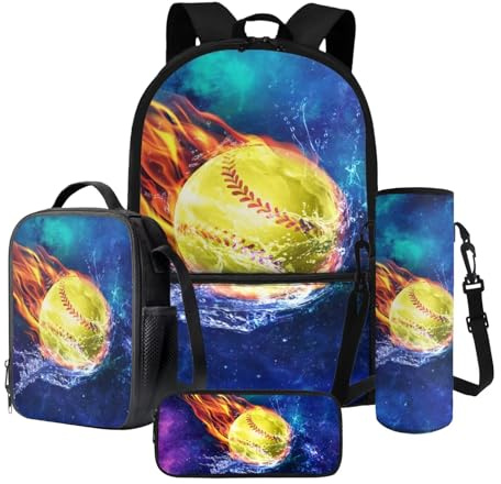Xoenoiee 43,2 cm großer Rucksack + Thermo-Lunch-Tasche + Wasserflaschenträger 4-teiliges Set, Schulbedarf, Bälle-Muster, Feuerwasser-Softball Galaxie, Einheitsgröße, Schulranzen-Set