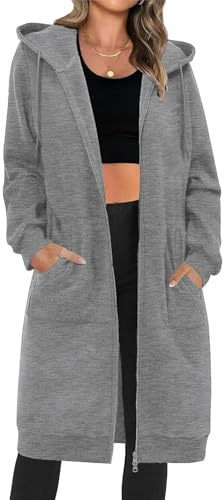 RITOSTA Damen Kapuzenjacke Lang Sweatjacke mit Kapuze Hoodie Jacke Herbst Winter Frühling Mantel Sweatshirts Langarm Kapuzenpullover Strickjacke mit Reißverschluss Taschen