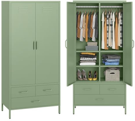 skølm Kleiderschrank Atria, Metallkleiderschrank mit 2 Türen und 3 Schubladen, Metallschrank 4 Fächer und Kleiderstange, Schrank mintgrün 170x80x45 cm (HxBxT)