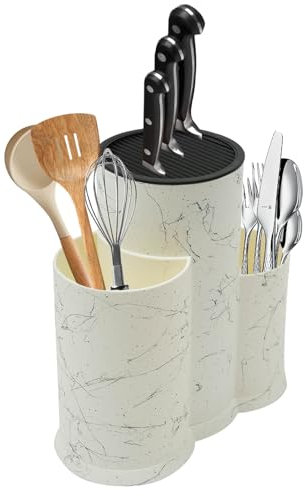 BAOCHADA Ceppo portacoltelli 3 in 1 senza coltello, universale rotondo con fessure e supporto multifunzionale, in plastica per tutti i coltelli (bianco stile: moderno)