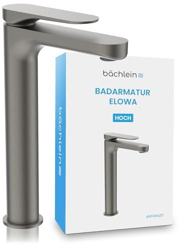 Bächlein Badarmatur Elowa hoch in modernem Design, extra hoher Einhebelmischer für Aufsatzwaschbecken mit Montage-Set, Bad Wasserhahn Anthrazit