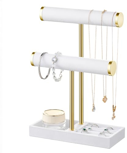 Josmimic Schmuck Organizer mit 2 Ebenen - Weiß Schmuckständer Armbänder, Abnehmbarer T-Steg Schmuck Ständer, Samt-Armbandhalter, Schmuckhalter für Armband, Halskette, Uhren, Ringe