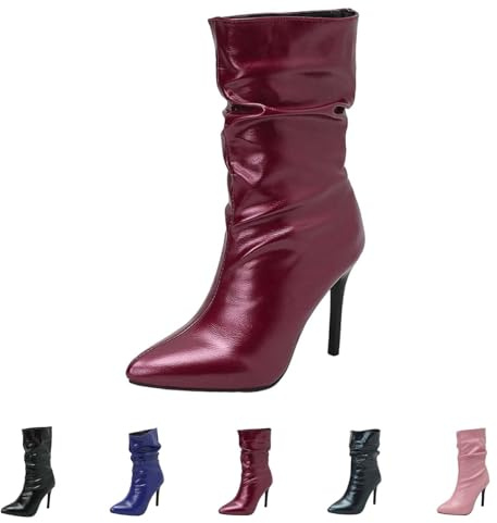 Stövletter dam med klack läder – dam höga klackar stövlar sexiga – läderstövlar penigasbatz slip-stövlar elegant PU-läder stövlar halvskaft Chelsea stövlar stilettos damstövlar, vin, 37 EU