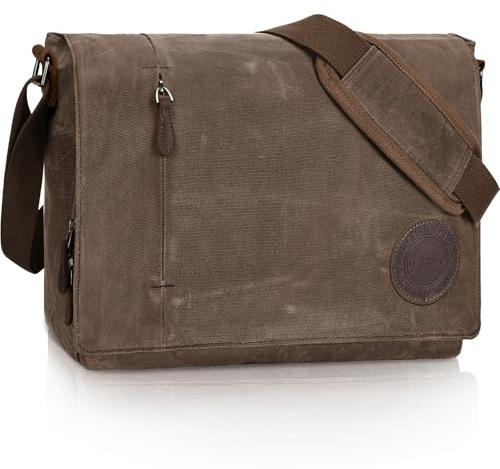 Leathario Umhängetasche Herren 15.6 Zoll, Messenger Bag aus Echtleder und Geöltem Segeltuch, Arbeitstasche Studententasche Laptoptasche Kuriertasche Collegetasche Uni Studenten，Arbeit Braun