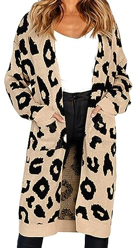 lozssnigzi Strickjacke Damen, Lang Elegant Leo Print Longstrickjacke Oversize Strickjacken Leopardenmuster Mit Taschen Strickmantel Lange Cardigan Dünne Strickjacke