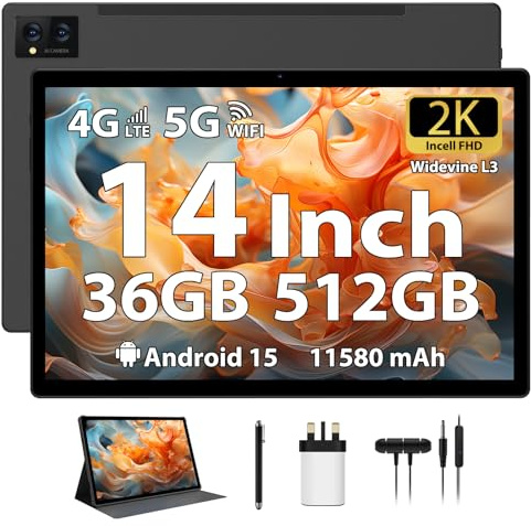 FLYCOAY 14 Inch Tablet Android 15 Gaming Tablet 36GB+512GB/TF 2TB, Octa-Core, 11580mAh, 4-speaker, 13MP Camera, Large Screen with Dual SIM 4G LTE/5G WiFi/GPS/13MP/Case/Stylus/Earphone-Black