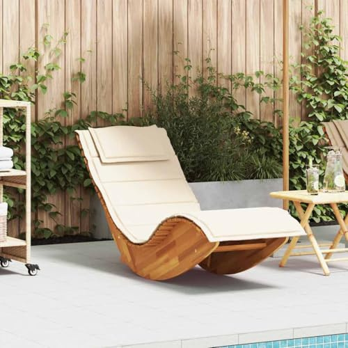 Tumbona Mecedora de Jardín, Silla Balancín con Cojín y Estructura de Madera de Acacia Maciza, Resistente a la Intemperie y Plegable, para Terraza, Piscina o Camping,Natural y Blanco, 154 x 60 x 74 cm