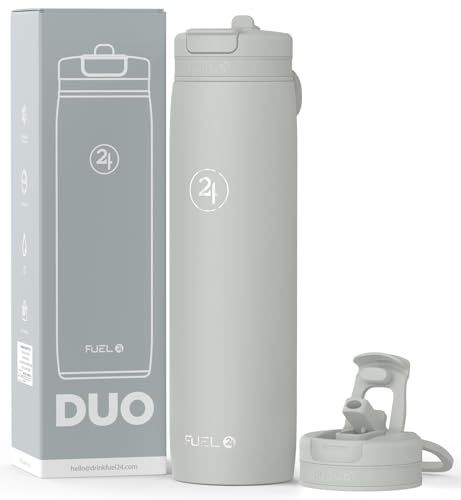 Fuel24 Duo – Edelstahl-Wasserflasche 700 ml oder 1 l – vakuumisolierte Metallflasche mit Strohhalm (Doppelnutzungsdeckel) 1 Liter – für Sport, Fitnessstudio, Arbeit – schlankes Design (Granit, 700 ml)