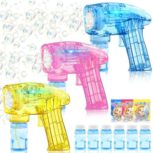 KOHRIUK Macchina Bolle Di Sapone,3 Pezzi Spara Bolle Di Sapone Automatico Con Luci,Sparabolle di Sapone Bambini Con 6 Flaconi E 3 Sacchetti Di Ricarica Per Matrimoni Festa Compleanno Giardino