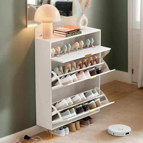 ZYLARNA Schmaler Schuhschrank mit 3 Klappen, Holz Schuhregal mit Schubladen, verstellbar, große Kapazität, Schuhkommode für Eingangsbereich, Flur & Wohnzimmer, Weiß (80 x 24 x 118,5 cm)