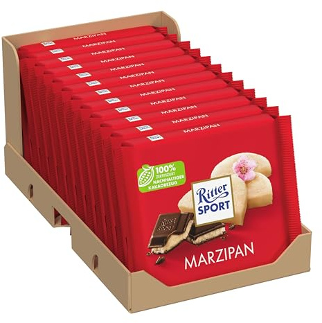 Ritter Sport Marzipan, dunkle Halbbitterschokolade aus Edel-Kakao, gefüllt mit Edel-Marzipan aus kalifornischen Mandeln, perfekt zum Naschen und Genießen, 12 x 100g