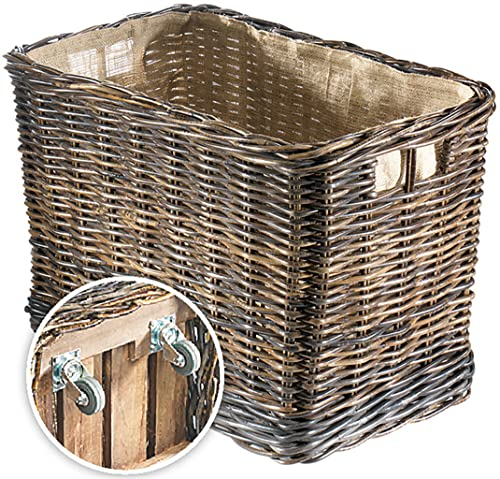 Kobolo Holzkorb für Kaminholz Kaminholzwagen mit Rollen- aus Rattan mit Jutefutter