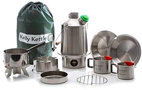 Kelly Kettle® - Ultimate 'Scout' Kit. VALUE DEAL | Includes 1.2 ltr Stainless Steel Camping Kettle +Cook Set +Hobo Stove +2 Cups +2 Plates +Base Support | Uses Sticks to Boil Water & Cook Fast