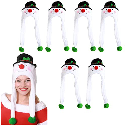 ILOVEFANCYDRESS 6 x Schneemütze für Weihnachten Weihnachtsmütze Schneemann weiß Plüschmütze mit fröhlichem Schneemanngesicht, schwarzer Hut, lange Over-Ear-Klappen und grüne Pompons 6 Stück