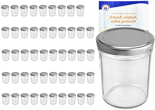 Set da 50 vasetti da 230 ml, Colore Argento To 66 incluso Ricettario gelatine diamantate, vasetti per marmellata, barattoli per conserve, barattoli, bicchieri