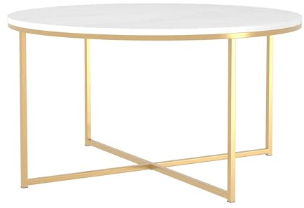 Walker Edison Modern Glam Round Accent Faux White Marble Coffee Table with Gold X-Base, 35.5 Inch