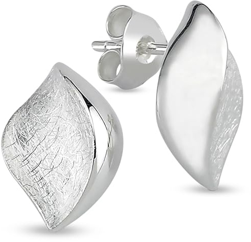Vinani Damen Ohrstecker 925 Silber - Mandel Design - elegant geschwungen gebürstet - Ohrring-Set aus Sterling Silber 925 für Frauen - 2OSU