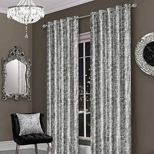Luxury Crushed Velvet Silver/Grey Insulated RingTop/Eyelet Dim Out Readymade Curtain Pair (66 x 90)
