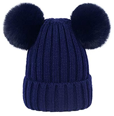 Martin Kench Damen Unisex Mütze Strickmütze Fellbommel Bommel Strick Mütze Winter-Mütze Bommelmütze mit 2 Bommeln (Dunkelblau,M: 36-60cm)