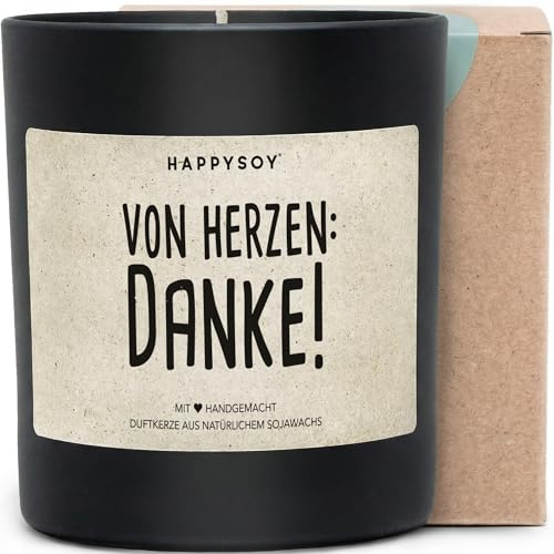 Von Herzen: Danke! - Duftkerze mit Spruch als Dankeschön Geschenk für Freundin, Kollegin, Mama, liebevolle Kerze im Glas mit blumigem Duft