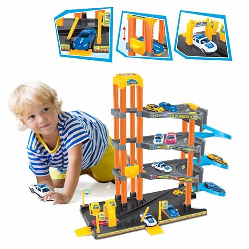 Koolbitz Kids 4 Storey Car Parking Lot and Garage Fun Play set Toy with Spiral Ramps, Car Lift, Fuel Pumps, and 4 Cars, Parking Garage Pretend Play Toy for Kids