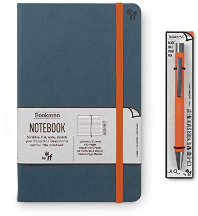 IF Bookaroo Lot de cahiers et stylos à bille lignés classiques Bleu sarcelle avec élastique orange contrasté Fermeture ruban et stylo Couverture rigide en polyuréthane souple A5 21,5 x 13,5 cm 192