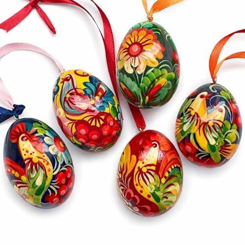 Traditionelle Osterdeko Set 5 Mini Ostereier 4 cm Holz handbemalte Petrykiwka Kunst Osteranhänger rustikale Osterschmuck zum Aufhängen