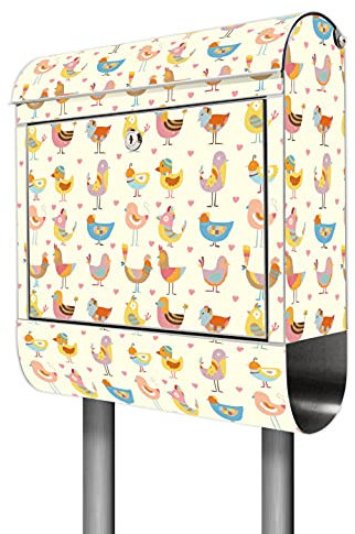 banjado® Briefkasten mit Standfuß Motiv Lustige Vögel - Stand Briefkasten Edelstahl mit Zeitungsfach - Postbox/Postkasten A4 Einwurf inkl. Montagematerial & 2 Schlüssel