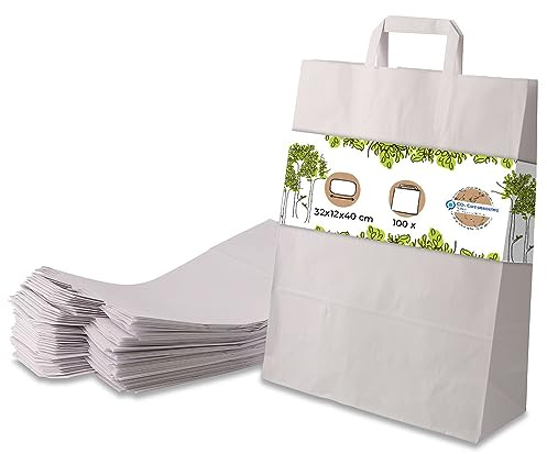 BIOZOYG 100x Papiertragetaschen groß 32 x 12 x 40 cm - weiße Papiertüten mit Henkel Einkaufstüten - Papiertaschen Geschenktüten Tragetaschen