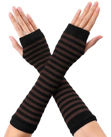sourcing map Gestreifte Handschuhe für Damen, Ellenbogenlänge, Winter, stilvoll, fingerlos, Armstulpen, 1 Paar, Schwarz - Black Coffee, One size