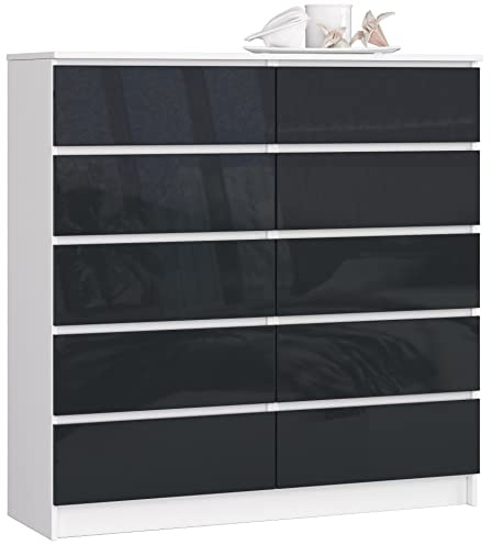 AKORD Kommode K-120 mit 10 (2 x 5) Schubladen | für das Wohnzimmer Schlafzimmer Schrank Büro Arbeitszimmer | Modernes Funktionales Design | B120 x H121 x T40 cm, Gewicht 70 kg | weiß/Graphit glänzend