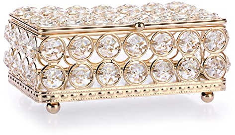 ELLDOO Crystal Jewelry Box Rectangle Trinket Organizer Earrings Rings Box Treasure Box Home Decor Accent Decorative Box with Lid for Valentine Wedding Christmas Birthday Gift, Gold, Small