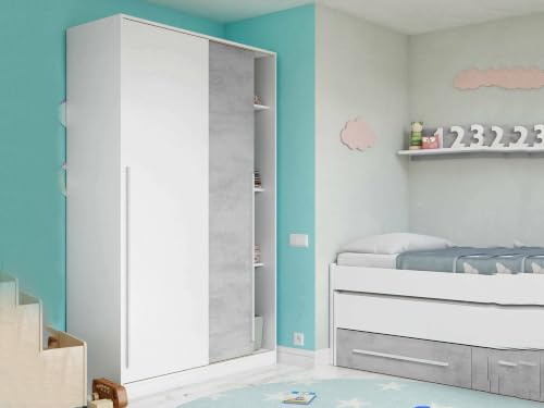 Guardaroba 2 Ante Downey, Armadio per Camera da Letto, Mobile con Barra Appendiabiti e 3 Ripiani, 120x50h200 cm, Cemento e Bianco