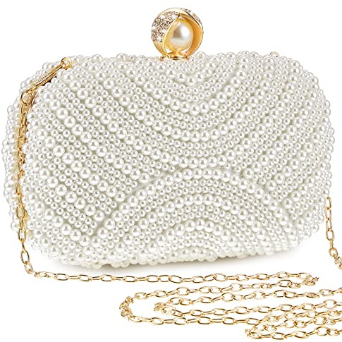 Xuhal Bolso de mano de perlas para mujer, bolso de noche con cuentas, bolso de novia con perlas artificiales con cadena para boda, fiesta de los años 20, Tipo de correa emergente cerrada