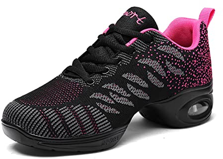 Dam dans sneakers jazzskor – snörning promenadträningsskor balsal utomhus nät delad sula lätt andningsbar dam platåsko, Rosenröd, 39.5 EU
