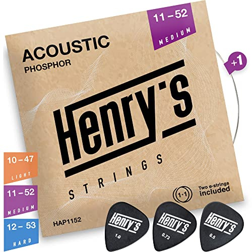HENRYS® Gitarrensaiten Westerngitarre 11-52 - Brillante Klangqualität Phosphor Bronze Westerngitarre Saiten - 6+1 Saiten & 3 Plektren - Western Gitarrensaiten Akustikgitarre - Acoustic Guitar String
