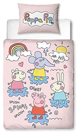 Character World Peppa Pig Official Toddler Cot Bed Duvet Cover Set | Playful Design Reversible 2 Sided Junior Bedding Including Matching Pillow Case | Polycotton