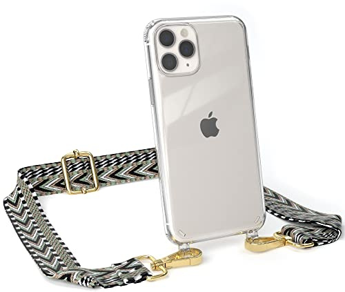 EAZY CASE Handykette - Verstellbares Taschenband kompatibel mit iPhone 11 Pro, Schulterriemen, Handykordel mit Silikon Hülle, Umhängetasche, Grün Schwarz Gold