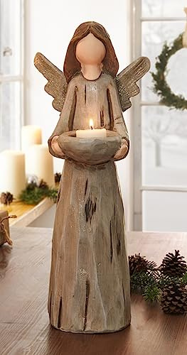 Terracotta Teelichthalter Engel mit Schale Weihnachtsengel 40 cm hoch | Weihnachtsfigur in Holz Optik, Deko-Figur mit Kerzenhalter, Weihnachts-Deko, Tischdeko, Adventsdeko