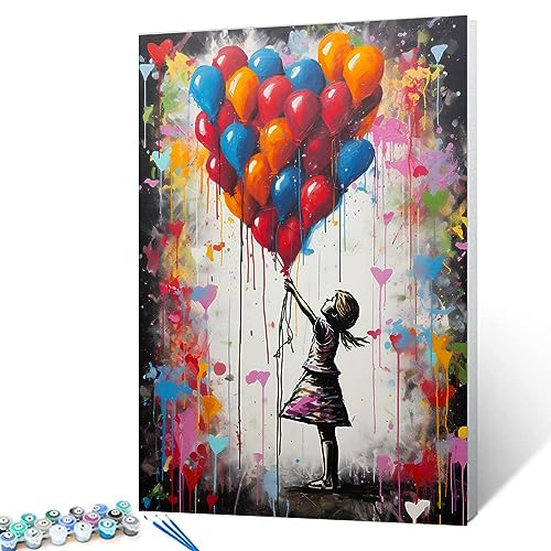 Tucocoo Färgglad ballongfärg efter nummer för vuxna, gör-det-själv digital oljemålning kit på duk med borstar och akrylpigment, Banksy Little Girl Street konstverk för heminredning 40 x 50 cm (utan