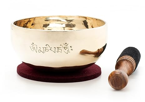 Tibetische Klangschale 300–350 g mit Mantra-Gravur – Handgeschmiedet & hochglanzpoliert – Für Meditation, Yoga & Entspannung – Fair Trade aus Nepal – Inkl. Klöppel & Filzpad