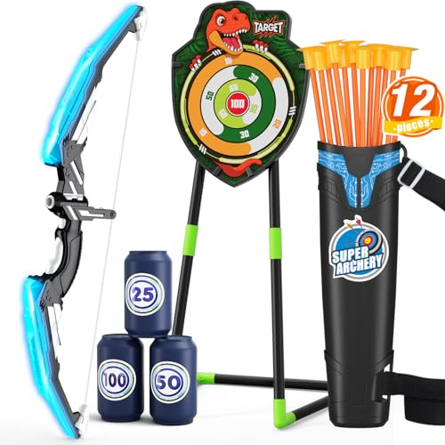 HYES Arco e Frecce per Cambini con Luci LED, Set di Tiro Giocattoli con Frecce e Arco, 12 Ventosa Frecce, 1 Bersaglio, 1 Supporto Freccia, Regalo per Interni ed Esterni, Blu