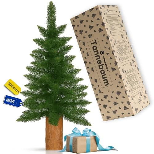 SPRINGOS Árbol de Navidad artificial verde con tronco real, 100 cm
