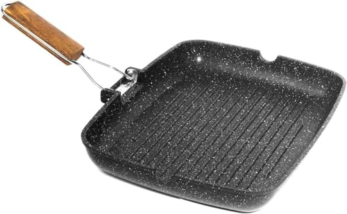 Avilia Rechteckiger Antihaft-Grill für Induktion, 35 x 25 cm, Induktionsgrill aus Druckguss-Aluminium mit klappbarem Griff aus Holz, elegantes und langlebiges Design, gleichmäßiges Kochen und einfache