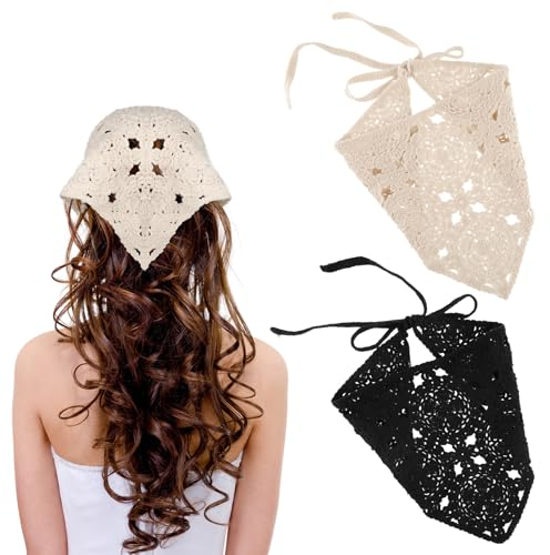 Jeffdad 2 Stück Haarbänder für Damen, Dreieck Kopftüchern Gehäkeltes Dekoratives Stirnband Haarschal Kopfzubehör Haarband Haarreifen Mode-Stirnbänder für Frauen und Mädchen(Einfarbig)