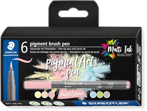STAEDTLER Brush pen Pigment Arts, cartuccia da disegno, punta a pennello per larghezza variabile, impermeabile, ad asciugatura rapida, 6 penne, colori assortiti, in astuccio di cartone, 371 C6-10