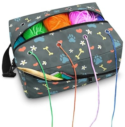 Kuiaobaty Dog Bones Paws Garn-Aufbewahrungstasche für Strickset und Häkelzubehör, niedliche Katzen-Fußabdrücke, Strickzubehör, Organizer-Tasche, Grau
